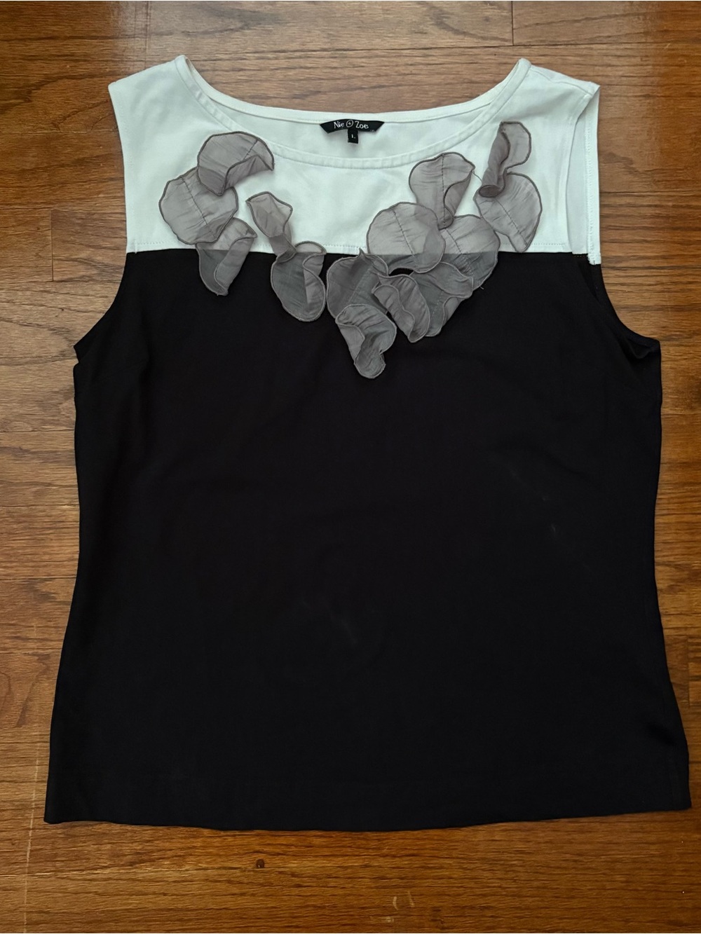 NIC+ZOE Black Tank with White Yoke and Gray Ruffle Detail
